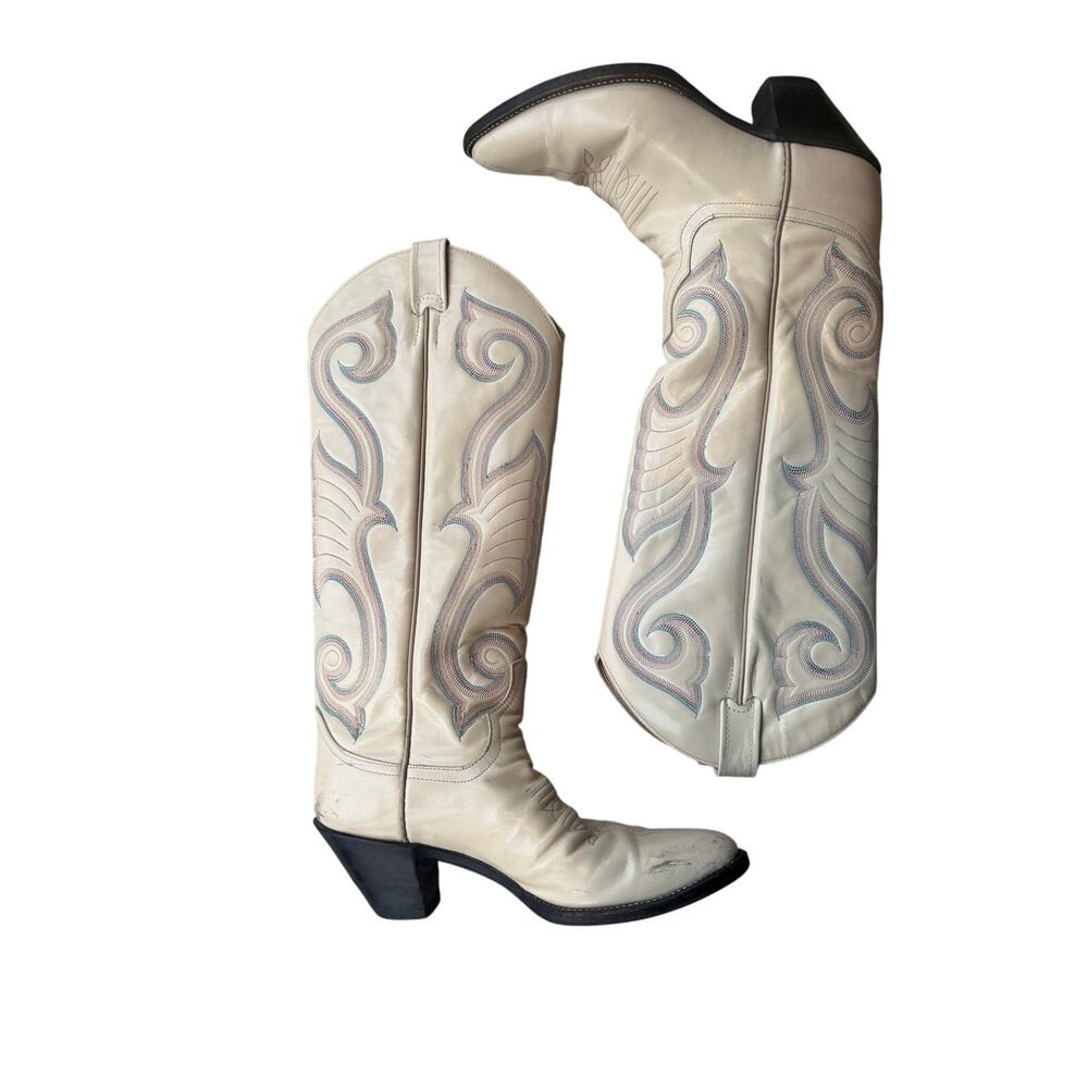 Larry Mahan Vintage Leather Western Cowboy Boots Cream 8.5 Women's